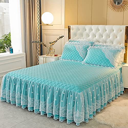 OOFAYWFD 3-teiliges Set Bett Abdeckung Bettrock Samt Gesteppt Volant-Rüschen Tagesdecke 200/220 /180 Bett setzt Protector,Koreanische Version einfarbig gesteppt verdicken halten warm Mit Kissenbezug