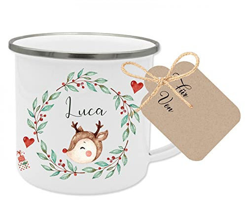Manufaktur Liebevoll personalisierte Tasse - Weihnachtstasse für Kinder - Weihnachtsdesign mit Namen, Rentier, Mistelzweigen, Geschenken und Herzen