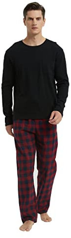 GLOBAL Herren Schlafanzüge Flanell | Herren Pyjama Set Baumwolle | Langarm-Pullover Oberteil und elastische Unterteile mit Kordelzug |Weich Bequem|Schwarzes Top, Rot-Schwarz Karierte Hose XL