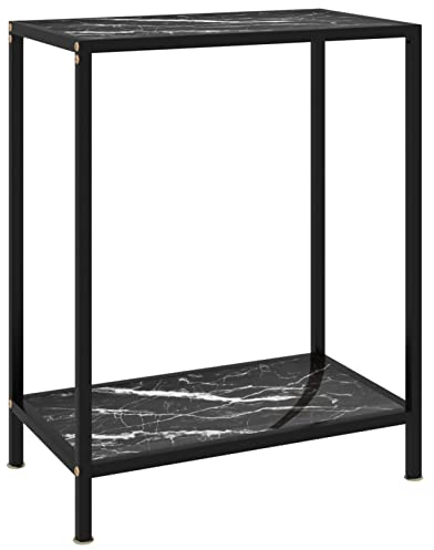 Gecheer Konsolentisch Flurtisch Konsole Beistelltisch Sideboard Glastisch Wandtisch Frisiertisch Deko Schwarz 60 x 35 x 75 cm (L x B x H) Mit Marmor-Optik,Hartglas, pulverbeschichteter Stahl