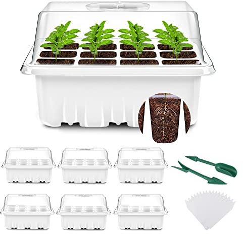 YAUNGEL Seed Trays, 6 Pack 72 Cells Propagator Growing Thicken Seedling Starter Growing Trays with Clear Lids/Adjustable Window for Greenhouse & Gardens, White