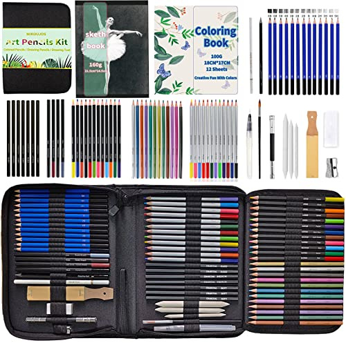 Kit de 72 crayons à dessin, ensemble de croquis d'artiste avec crayons à croquis, crayons de couleur, carnet de croquis, livre de coloriage, outils de dessin pour enfants et adultes dans une trousse à