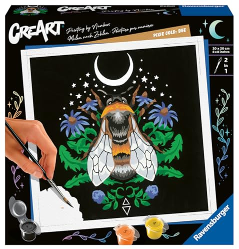 Ravensburger CreArt Pixie Cold: Biene - Malen nach Zahlen für Erwachsene | DIY Malset mit Pinsel und Acrylfarben, 20 x 20 cm, Geschenk für Frauen und Männer