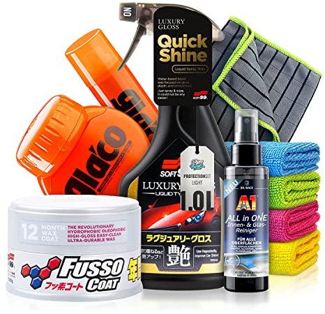 Versiegelung Set: Soft99 Fusso Coat Wax Light + Glaco Komplettset + Detailer - Auto Lack, Scheiben, Spiegel & Kamera - Konservierung des Lacks, extremer Glanz & kristallkare klare Sicht | 10-teilig