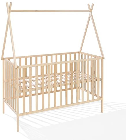 ATB MEBLE Babybett TIPI Kollektion - Beistellbett Baby aus Holz - 3 Ebenen der Matratzenhöhe - Bett für Babyzimmer - Hausbett für Baby - Transparent - Gitterbett 120x60 cm