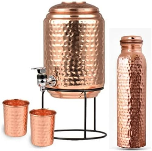 VG® 100% Pure Indian Copper Hand Hammered Finish 5 Litre Water Cooler Gold Stand with 2 tumblers & 1 litre Leak proof bottle Discover Amazing Ayurvedic Health Benefits today Fill up overnight