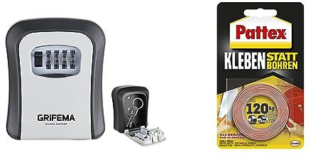 GRIFEMA Schlüsseltresor Wandmontage Wetterfest & Pattex Kleben statt Bohren Klebeband, extra Starkes doppelseitiges Klebeband