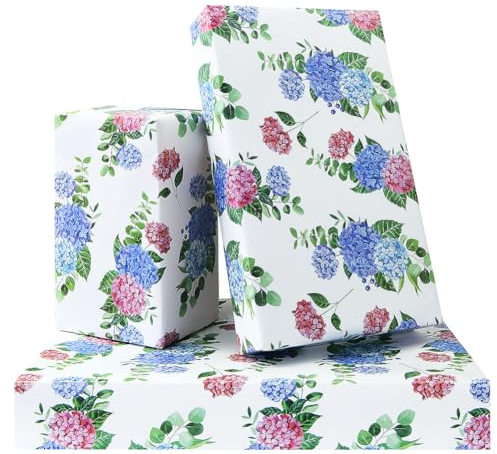 Floral Gift Wrapping Paper, Hydrangeas Wrapping Paper for Girls Lady Women, 4 Sheets Elegant Bridal Shower Engagement Gift Wrap For Birthday Wedding Anniversary Valentine's Day