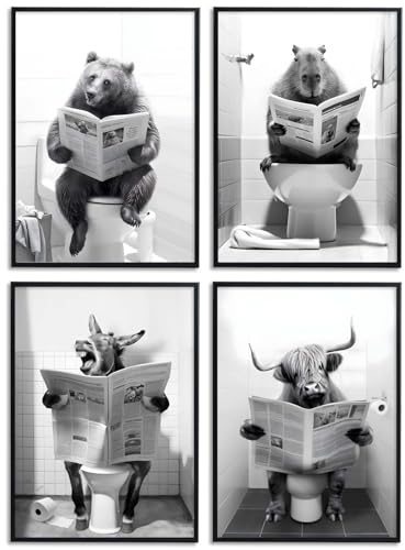 JINZUNRUI JZR Poster décoratif pour salle de bain, noir et blanc, format A4, animal amusant sur toilettes, décoration murale sur toile, sans cadre