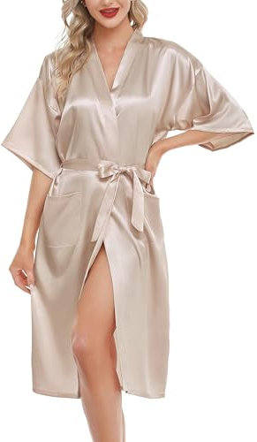 Lovasy Bademantel Damen Satin Japanisch Kimono Jacke Damen mit Gürtel Sexy Morgenmantel Leicht Pyjama für Hochzeit Braut Party,Tief Champagner,M