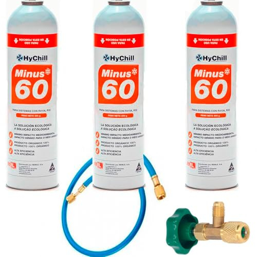 REPORSHOP - 3 Flaschen aus ökologischem Gas Minus 60, 350 g + Ventil + Ersatzschlauch R32, R410A Freeze Organico