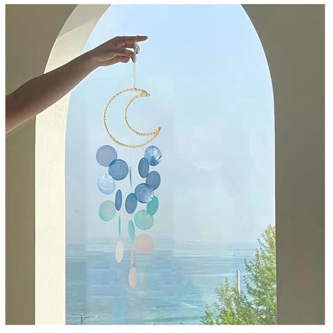 Rockreyoa Muschel Windspiel Wond Capiz Muscheln Windspiele Baumwollseil Gewebt Hängend Ornamente Natürlich Perlmutt Schale Windglocke Girlande Traumfänger für Garten Home Dekoration Blau