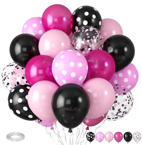Palloncini Rosa E Neri, Palloncini Rosa Shocking, Palloncini A Pois Bianchi E Neri Con Palloncini Di Coriandoli Rosa E Neri Per Compleanni, Feste Nuziali, Feste A Tema Topo, Decorazioni Per Feste
