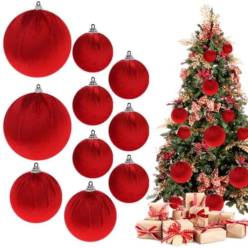 Funzhan 10pcs Red Flocked Balls Velvet Hanging Shatterproof Decoration Vintage Delicate mixed Size Bauble Christmas Tree for Halloween Holiday Party