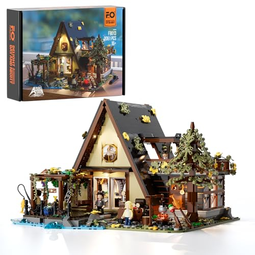 FUNWHOLE Cabane A-Frame Set de Construction Éclairé – 2061 pièces, modèle de Retraite Nature avec LED pour Adultes & Ados | Chalet Alpin avec détails de Camping & Design créatif