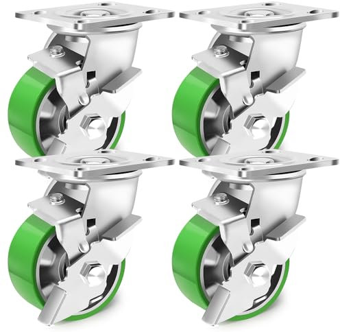 Humagineer 100mm Industrielle Schwerlastrollen Tragfähigkeit 1600KG, Aluminiumkern PU Hohe Härte Lenkrollen mit Bremse, Leise und Verschleißfeste Rollen für Verschiedene Möbel und Geräte, Satz von 4
