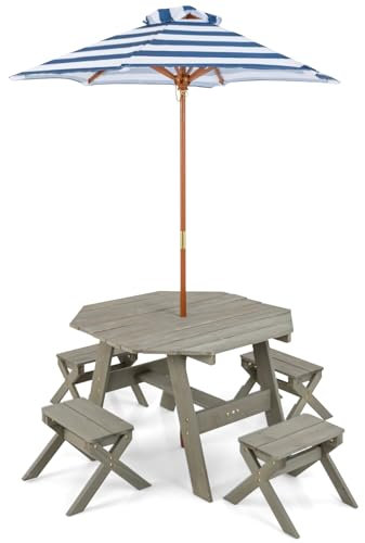 DREAMADE Kindersitzgruppe mit Sonnenschirm, 2 in 1 Kindertisch mit 4 Stühlen aus Holz, Picknicktisch mit höhenverstellbarem Schirm für 4 Kinder, Kinder Gartenmöbel für Indoor & Outdoor (Grau)