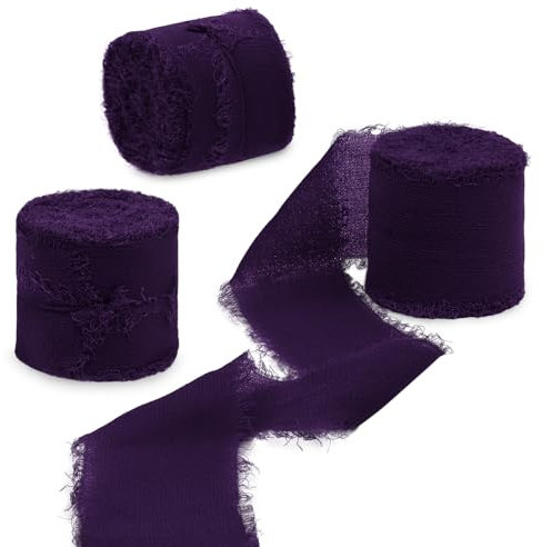 Uiopa Nastro Chiffon Viola Scuro 4cm x 15m Nastro Regalo con Frange Nastro in Chiffon di Seta Decorativi Tessuto per Confezione Regali, Inviti Matrimonio, Bouquet, Artigianato Fai-da-Te