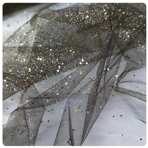 Hrlace Sparkly Stoff Fabrics Meterware Pailletten Stoffe Tüllstoff Netzstoff Glitzer Garn Dekostoff mit kleine Pailletten für DIY handgemachte Hochzeit Kleid Home Deko Schwarz Gold 150cm * 5m