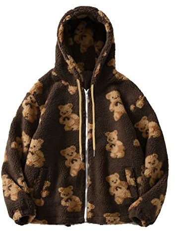 Pullover damenWinterjacke Damen Hoodie Zip Kapuzenjacke Winter Sherpa Jacke Fuzzy Fleece Mantel mit Cartoon-Muster, Teddy-Bär Druck Fleecejacke mit Tasche Sweatshirt