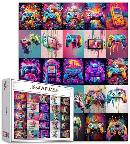 Video Game Watercolor Jigsaw Puzzles for Adults - 1000 Pieces Gaming Themed Art 27 x 20 Inches Colorful DIY Family Collage Puzzles for Home Wall Decor