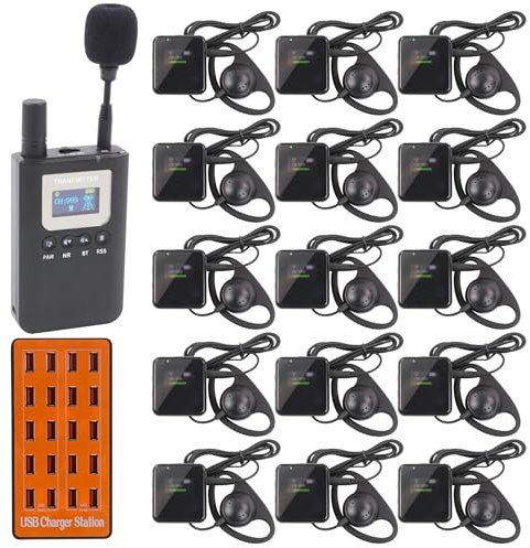LOUKIENE Wireless Tour Guide System, Tour Guide Microphone and Speaker Tour Guide Headsets, 1 Transmitter 15 Receivers, Bluetooth Translation Headsets System 328 feet for Training Church Teach