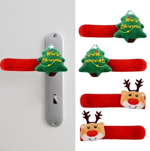 UFURMATE Christmas Door Handle Cover 4PCS Decorative Red Knitted Anti-Freeze Door Handle Protector for Xmas Doorknob Decorations (Christmas Tree, Reindeer)