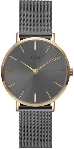TORII Damenuhr Grau Edelstahl - rund Quarz G34AS.AG Milanaise-Armband Strichindizes wasserdicht 50 m
