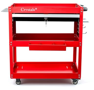 Crystals 3-Tier Tool Storage Organiser with Lockable Drawer and Wheels, Garage Service Cart with Handle, Workshop DIY Storage Trolley with Side Tool Slots