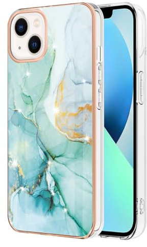 JYNCHDZ for iPhone 13 Case Shockproof iPhone 13 Phone Case Glitter Marble Flexible Silicone Bumper Slim Thin Electroplated Gold Edges Shell Drop Protection Cover for Girls Women, Green