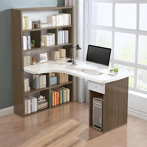 Modern Wood L Shaped Computer Desk with Hutch Drawers and Storage Shelves Home Office Workstation Furniture