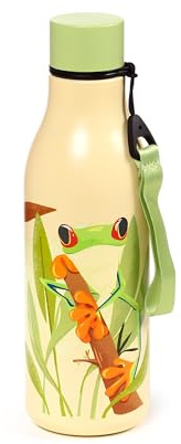 Puckator Tropical Tree Frog Hot & Cold Drinks Bottle 500ml - Reusable Insulated Active Water Bottle Flask For Girls And Boys With A Carry Handle & Straw - Bpa Free - For School Nursery
