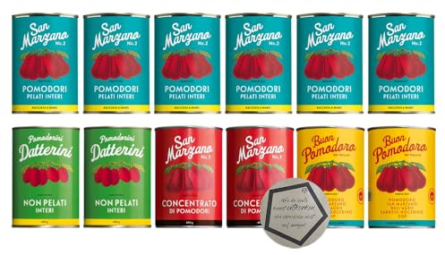 Il Pomodoro Piu Buono | Tomaten12er Set | Pelati Interi 400g 6x, Datterini 400g 2x, Concentrato 400g 2x, Buon Dell'agro 2x 400g inkl. LOVEVINO Silver Button Sticker