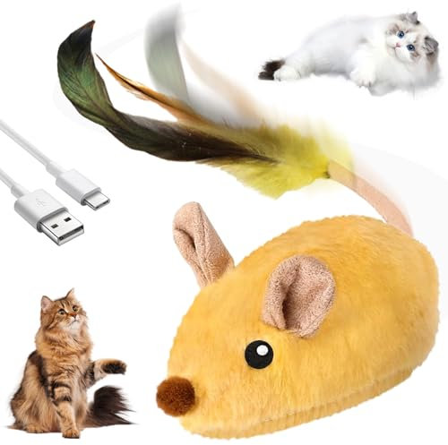 TaimeiMao Jouet pour Chat, Souris électrique, Souris Magique, Jouet pour Chat avec Queue en Plumes, Rechargeable par USB, Jouet interactif pour (Jaune)