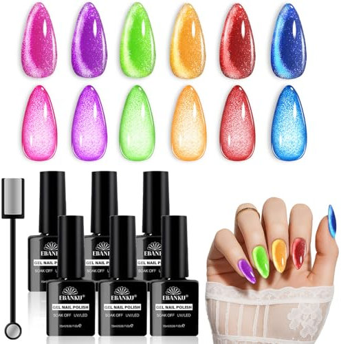 EBANKU Cat Eye Gel Nail Polish Set, 6 Colors Magnetic Glitter Gel Polish Spring Summer Neon Colors Red Pink Purple Blue Green with Magnet Velvet Kit Magnetic Nail Polish Gift for Women