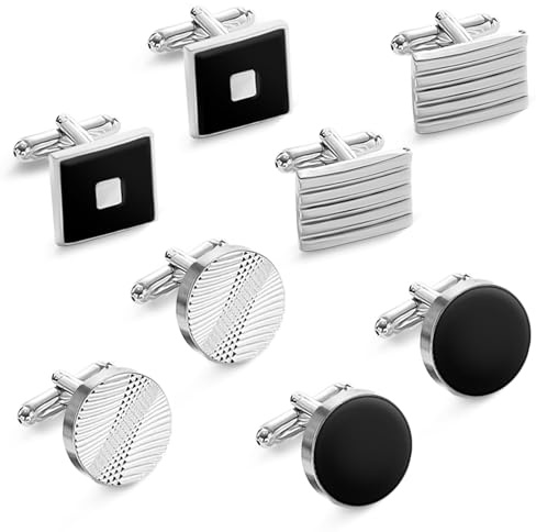 4 Pairs Cufflinks for Men, Personalised Classic Tone Cuff Links set, Mens Cufflink for Wedding Business Graduation Gift(Silver)