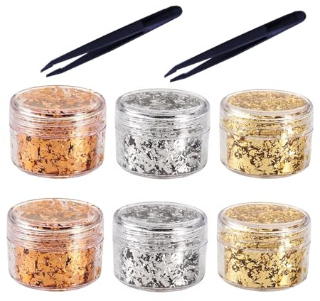 ZhouWei 6 Flaschen Blattgold Flocken, Multifunktionale Dekorative Goldfolie Wird mit 2 Pinzetten Geliefert, 3 Couleurs Imitation Gold Flocken, für DIY Basteln Acrylmalerei und Weihnachten Nagelkunst