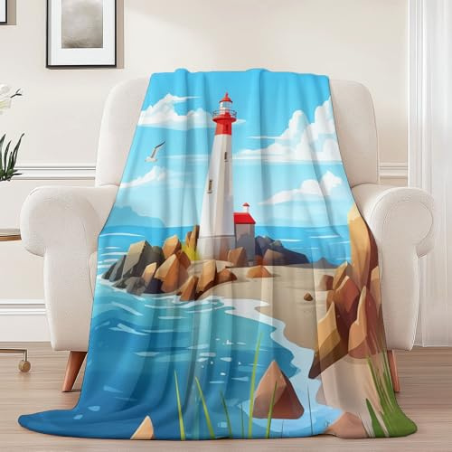 Blau Decke für Bett 150x200 cm - Cartoon Strand Leuchtturm Möwe mit Muster Warme und Flauschige Kuscheldecke, Bedruckte Decke für Sofa Bett Wohnzimmer Schlafzimmer Reisen und Camping