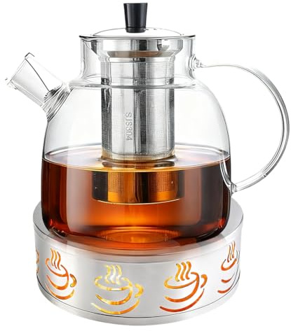 1,8L Teekanne mit Siebeinsatz, Teekanne Glas mit Stövchen, Teewärmer Edelstahl und Edelstahlfilter