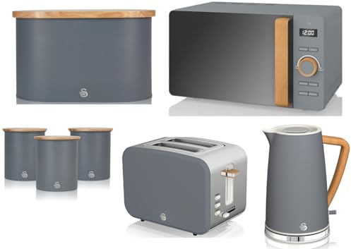 Swan Nordic Grey Kitchen Set – 1.7L Kettle, 2 Slice Toaster, 20L 800W Microwave, Bread Bin & 3 Canisters | Scandinavian Inspired Design with Wood Effect Accents, 7 Piece Set