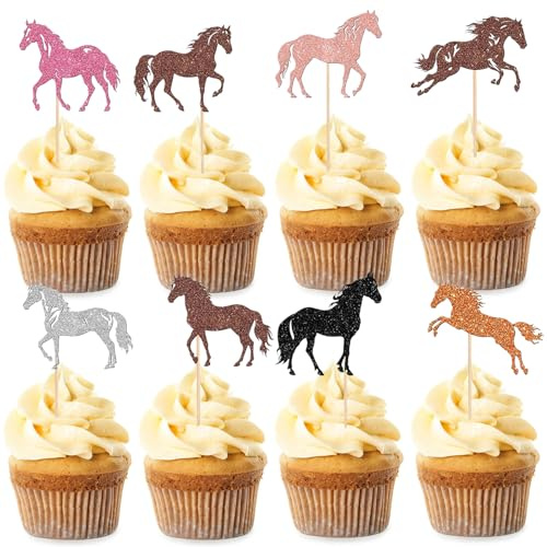 Gleevio Tortendeko Pferd Deko Geburtstag, 24 Stück Pferd Muffin Deko, Glitzer Cupcake Topper, Tiere Theme Kuchen Deko Geburtstag, Tortendeko für Mädchen Junge Kindergeburtstag Babyparty