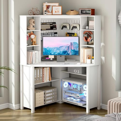 Gurexl Computer Desk with 3 Color lights and 2 AC Port Charging,Modern Writing Workstation with Hutch and, Storage Bookshelf,Corner Desk with Pegboard for Study,Bedroom, Small Space,Work,White
