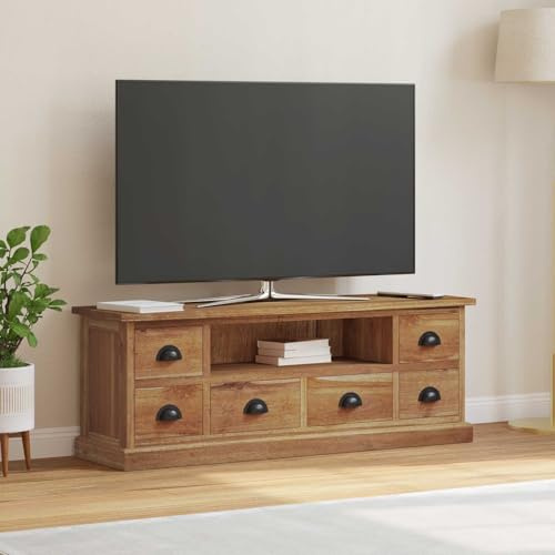 RCODSSK TV-Ständer im Vintage-Stil aus Massivholz Teak mit Metallgriffen, TV-Schrank und TV-Möbel mit Schubladen und Regalen