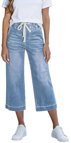 Jean Capri Femme Pantacourt Été à Jambe Large avec Poches et Cordon de Serrage Taille Haute Jeans 3/4 Jeans Denim Jorts Y2K Vintage Ample et Décontracté Pantalon Taille Elastique Jeans Baggy Femme
