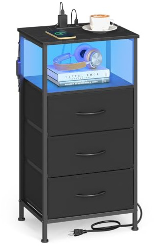 SONGMICS BELLAH Kollektion - Nachttisch mit Ladestation, Beistelltisch, App-gesteuerte, einstellbare LED-Beleuchtung, 1 offenes Fach, 3 Schubladen, modern, tintenschwarz-ebenholzschwarz LGS303BH02