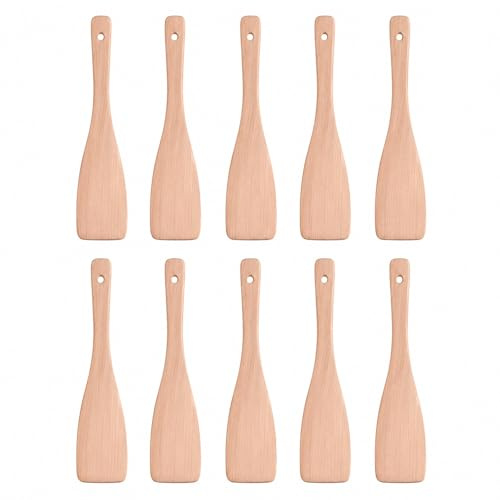 10 Solid Wood Spatulas 21.4 cm - Flat Turners for Non-Stick Cookware | Solid Wood Construction, Flat Edges For Turning And Serving, Hanging Holes For Storage, 10 Utensils For Non-Stick Cookware