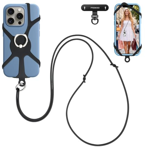 MoKo Phone Crossbody Lanyard with Adjustable Neck Strap and Phone Ring Grip | Phone Crossbody Strap or Around the Neck with Silicone Sleeve & 360° Metal Phone Tether Tab up to 7 Smartphones