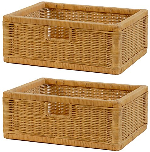 korb.outlet Set / 2 Regalkorb Honig ca. 42x32x17 mit Holzrahmen Rattan Schubfach Box zur Aufbewahrung Schrankkorb Griff