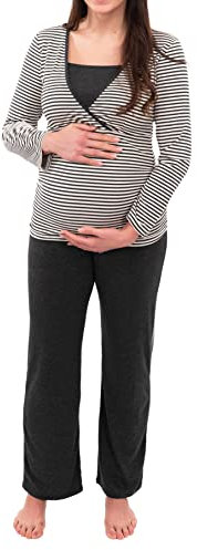Herzmutter Pyjama Allaitement - Pyjama Grossesse - Vêtement de Nuit pour Femme Enceinte - Ensemble de Pyjama Maternité - Rayé - Bleu-Gris-Blanc - 2100 (L, Blanc/Gris)