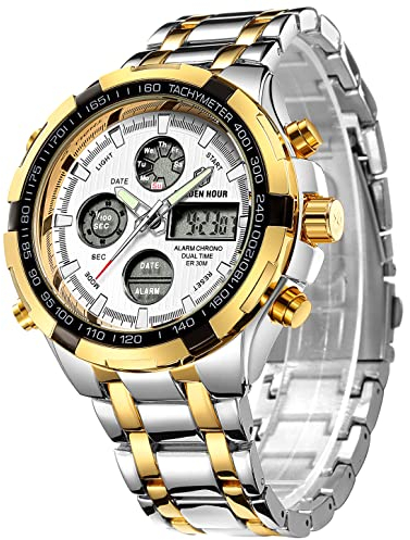 GOLDEN HOUR Luxus Edelstahl Analoge Digitaluhren für Männer Männlich Outdoor Sport Wasserdicht Große Schwere Armbanduhr (Silber Gold Weiß)
